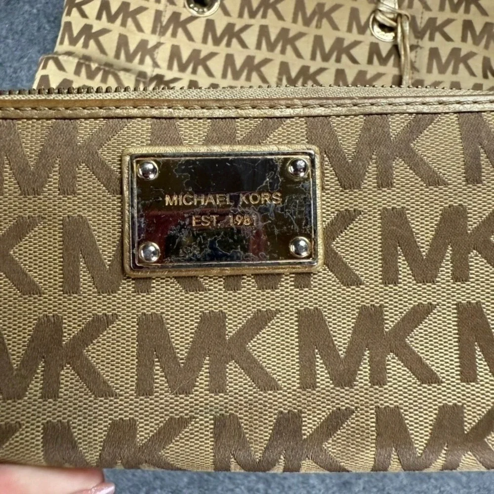Michael Kors MK Logo Tote Bag & Wallet Set‎ Brown Beige Signature Purse